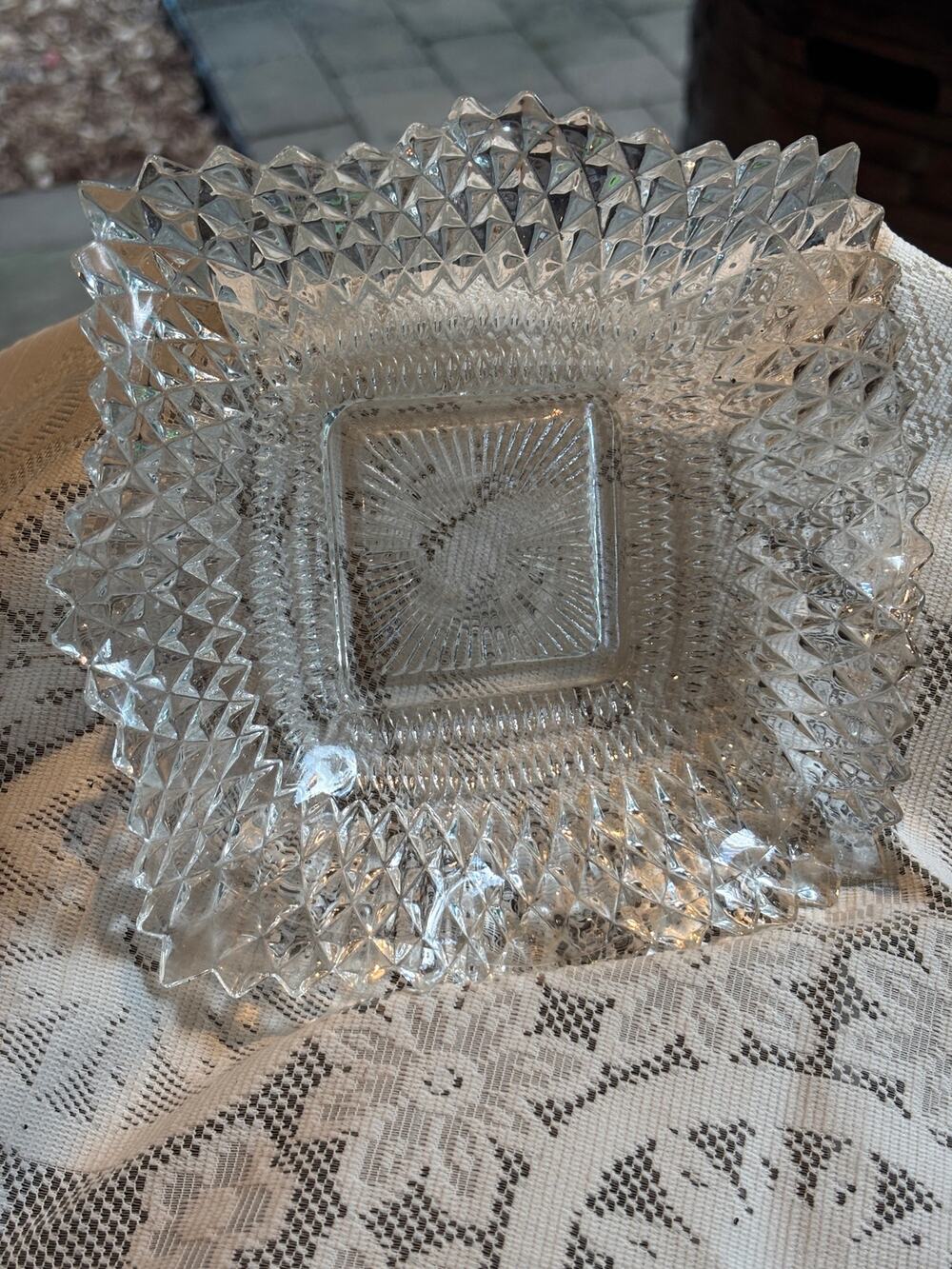 Vintage Indiana Glass Diamond Point Square Candy Dish Mid Century American